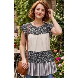 Entro Cottagecore Patchwork Ruffle Babydoll Blouse